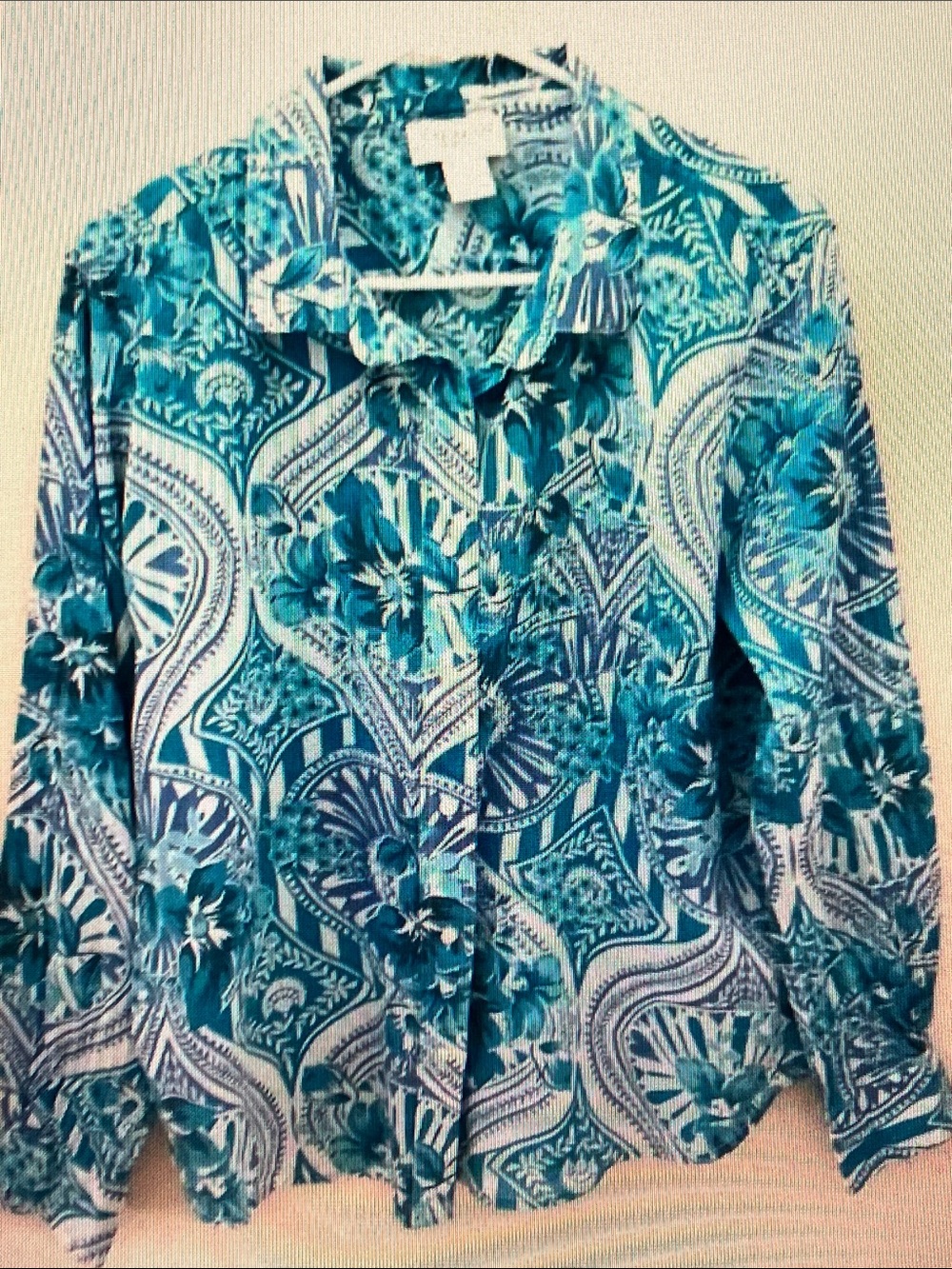 Calypso St. Barth Teal and White Floral-Print Button Front Blouse